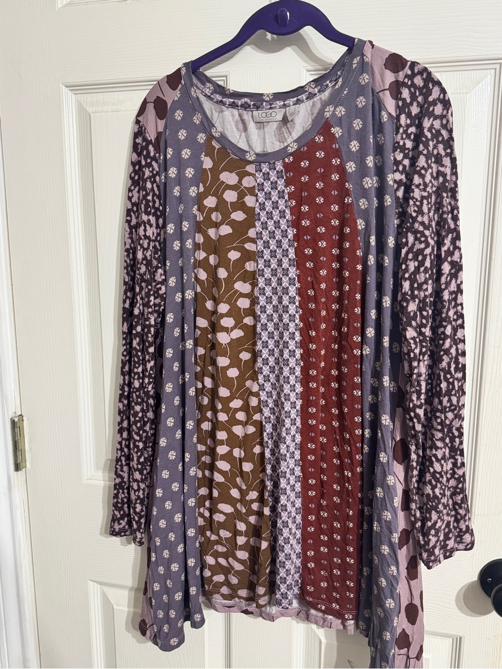 LOGO by Lori Goldstein Patchwork Tunic in Purple and Brown